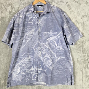 Guy Harvey Short Sleeve Button Up Hawaiian Shirt Blue Ocean Shark Print Mens XL